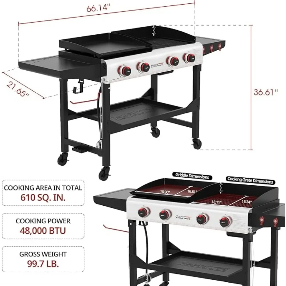 4-Burner Portable Flat Top Gas Grill and Griddle Combo with Folding Legs, 48,000 BTU