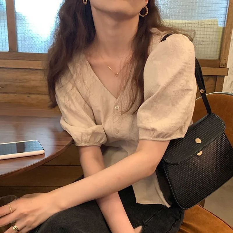 

Ele V-Ne ort Sve Cotton Linen irt Women's Spring Summer Gentle Bubble Sve Design Sensation Linen irt