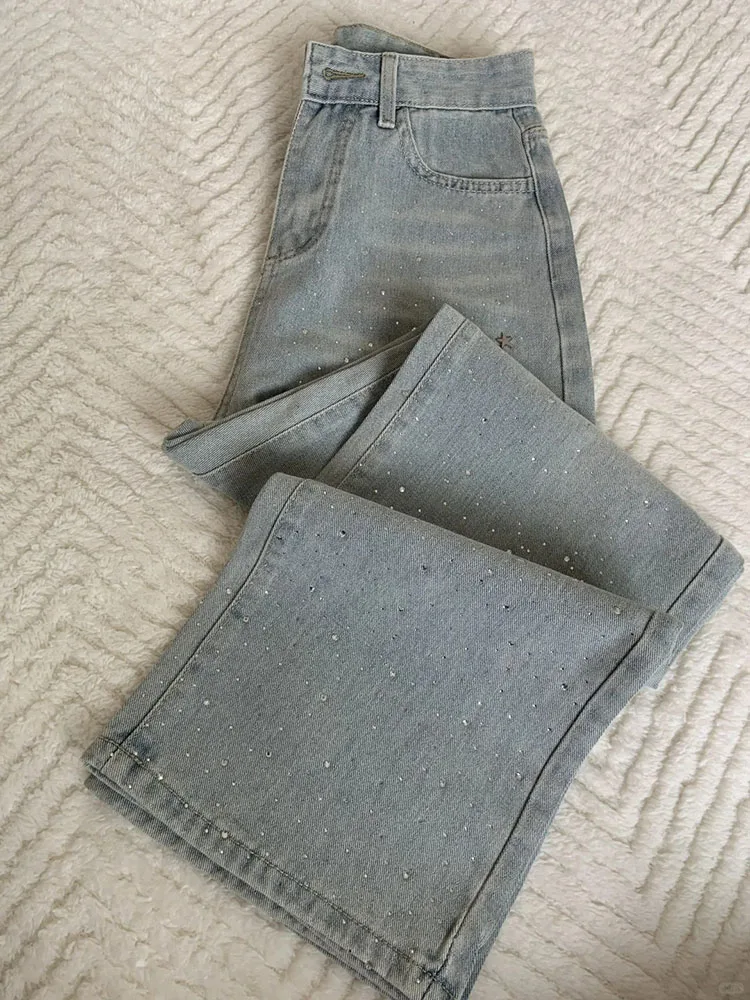 Light Blue Rhinestone Jeans 2025 New Women's High Waisted Wide Leg Pants Vintage Casual Shiny Straight Leg Denim Trousers