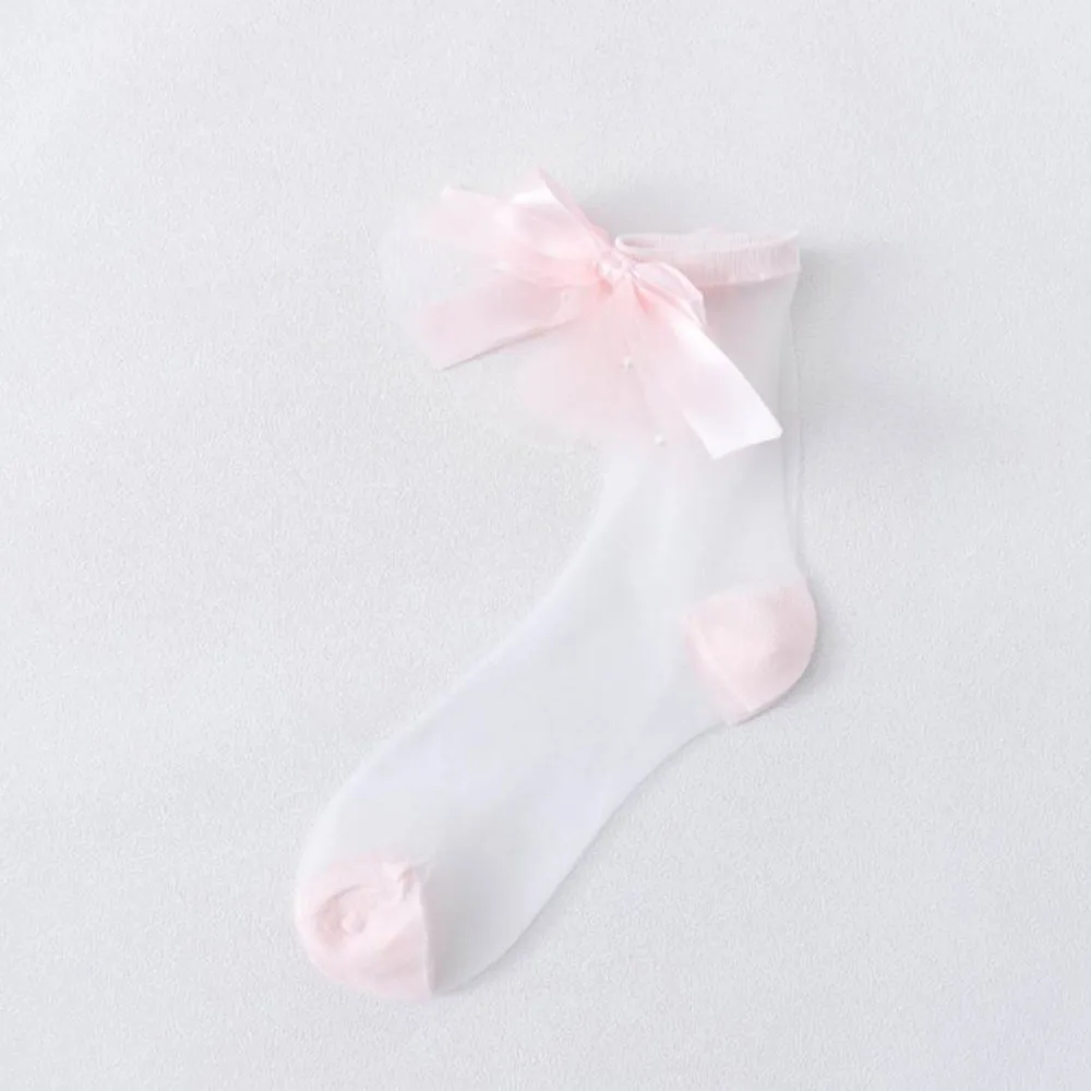 

Kawaii Lolita тонкие сетчатые женские прозрачные кружевные короткие носки с бантом и жемчугом