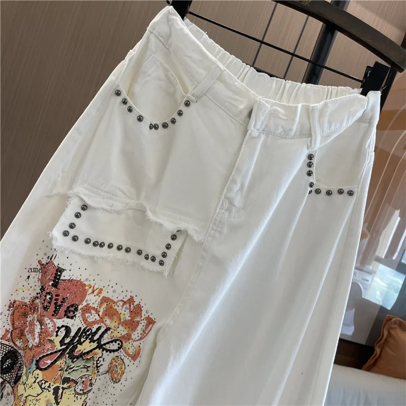 High Street Personalized White Jeans for Women 2023 Summer New Elastic Waist Loose Large Size Painted Denim Cropped Harem Pants