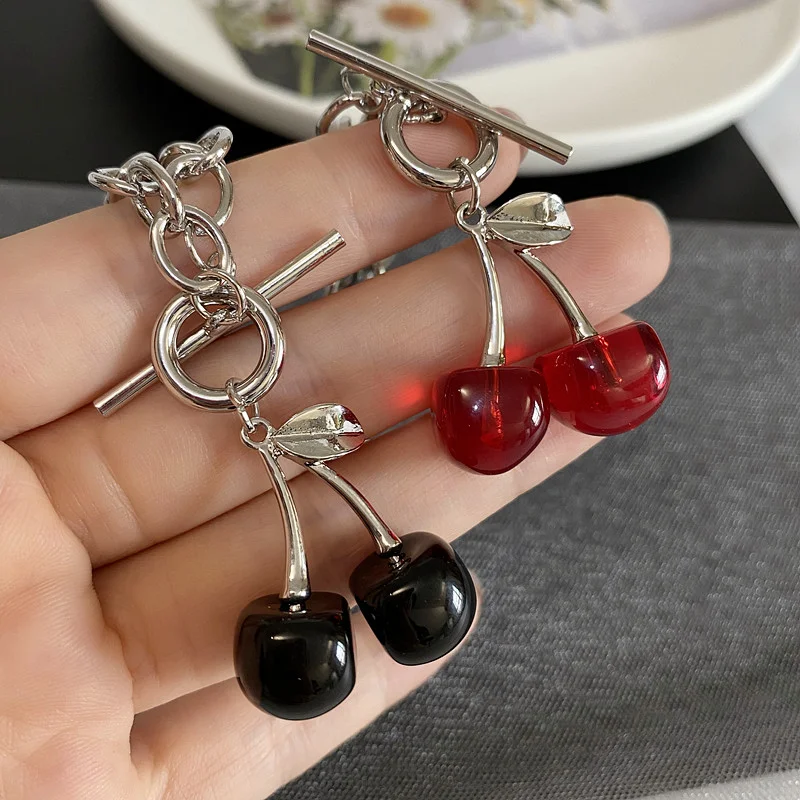 2023 Punk Style Red Black Cherry Pendant Necklace Women Gothic Metal Geometric Choker Necklace Girls Birthday Party Jewelry