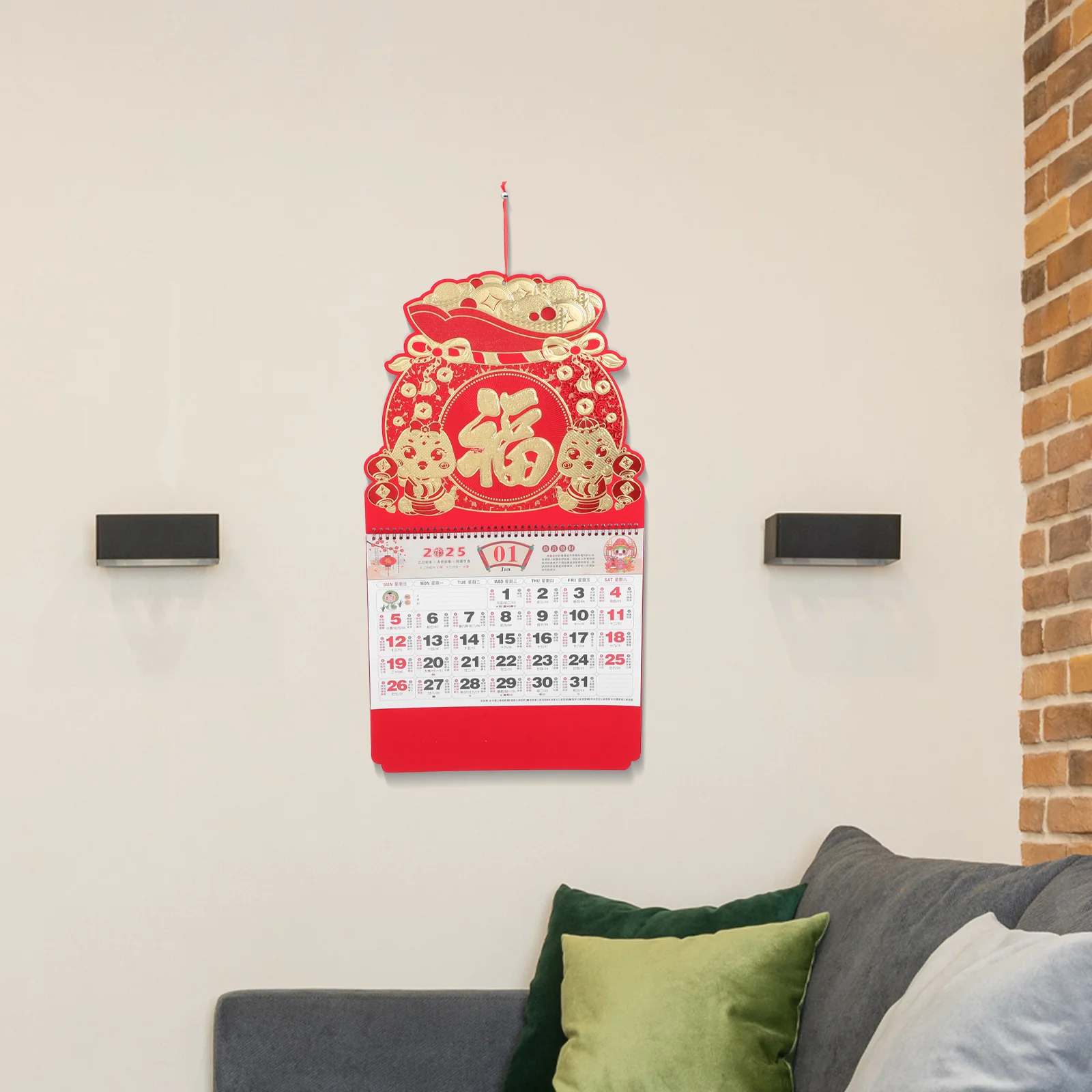 

Настенный календарь на 2025 год по китайскому зодиаку, год Змеи, красный тисненый дизайн, табличка на удачу, лунный фестиваль, украшение для дома и офиса