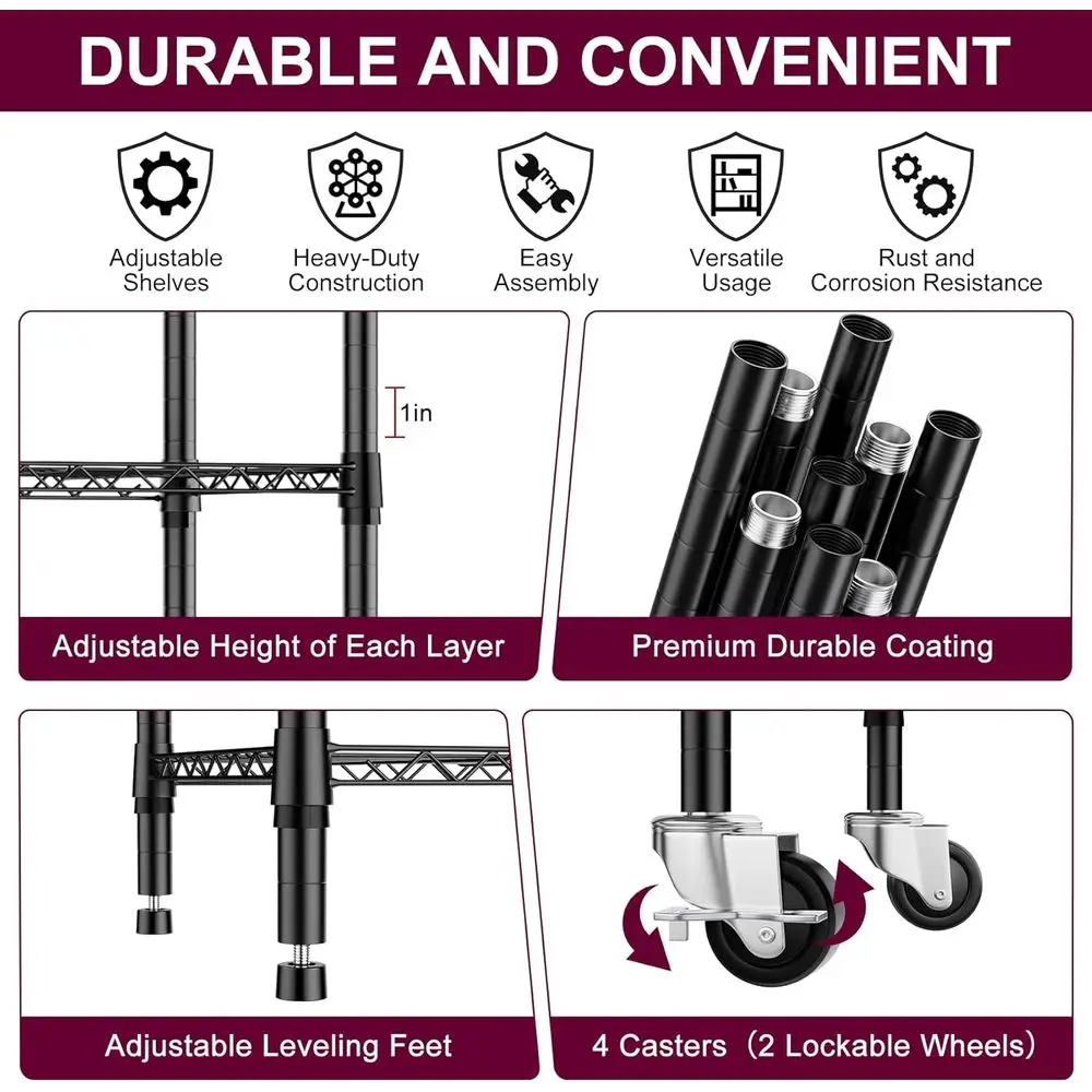 5-Shelf Metal Storage Rack with Wheels, 14x30x60, 750 lbs Capacity, Adjustable Wire Shelving for Home & Garage
