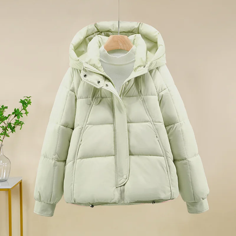 Women Short Oversize Parkas Coats Hooded Jacket Solid Drawstring Hem Zipper Looose Fit Thick Casual Office Lady Winter 2025