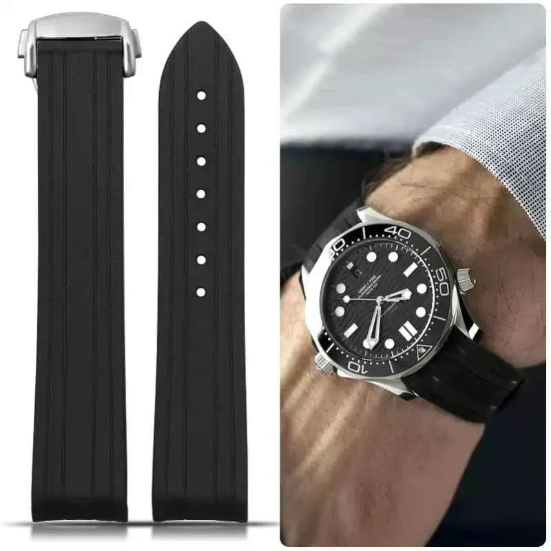 20 mm gebogenes Gummi-Silikon-Uhrenarmband für Omega für Seamaster 300, wasserdichtes Armband für Herren und Damen, Armband, Uhrenzubehör