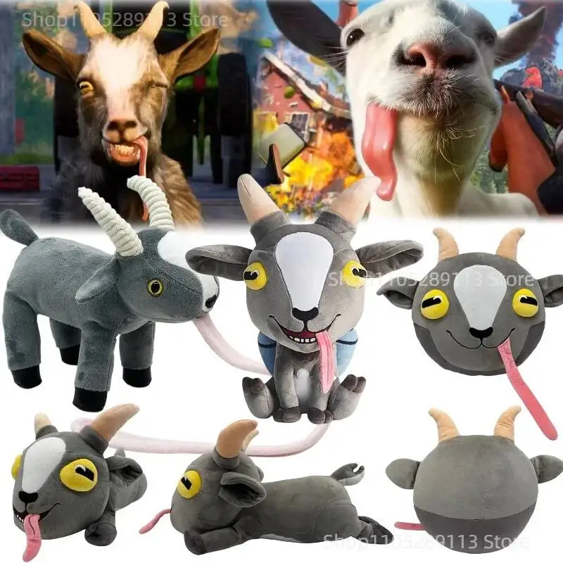 

New Goat Simulator Plush Cute Stick Out Tongue Grey Goat Cute Prone Position Position Stuffed Pillow Game Peripheral Toy Gifts