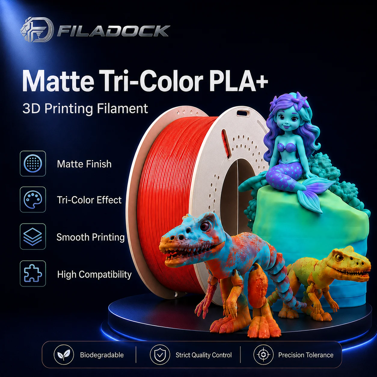 Филамент Filadock Matte Tri-Color PLA+ 1.75 мм 1 кг для высокоскоростной 3D-печати, матовый, трехцветный