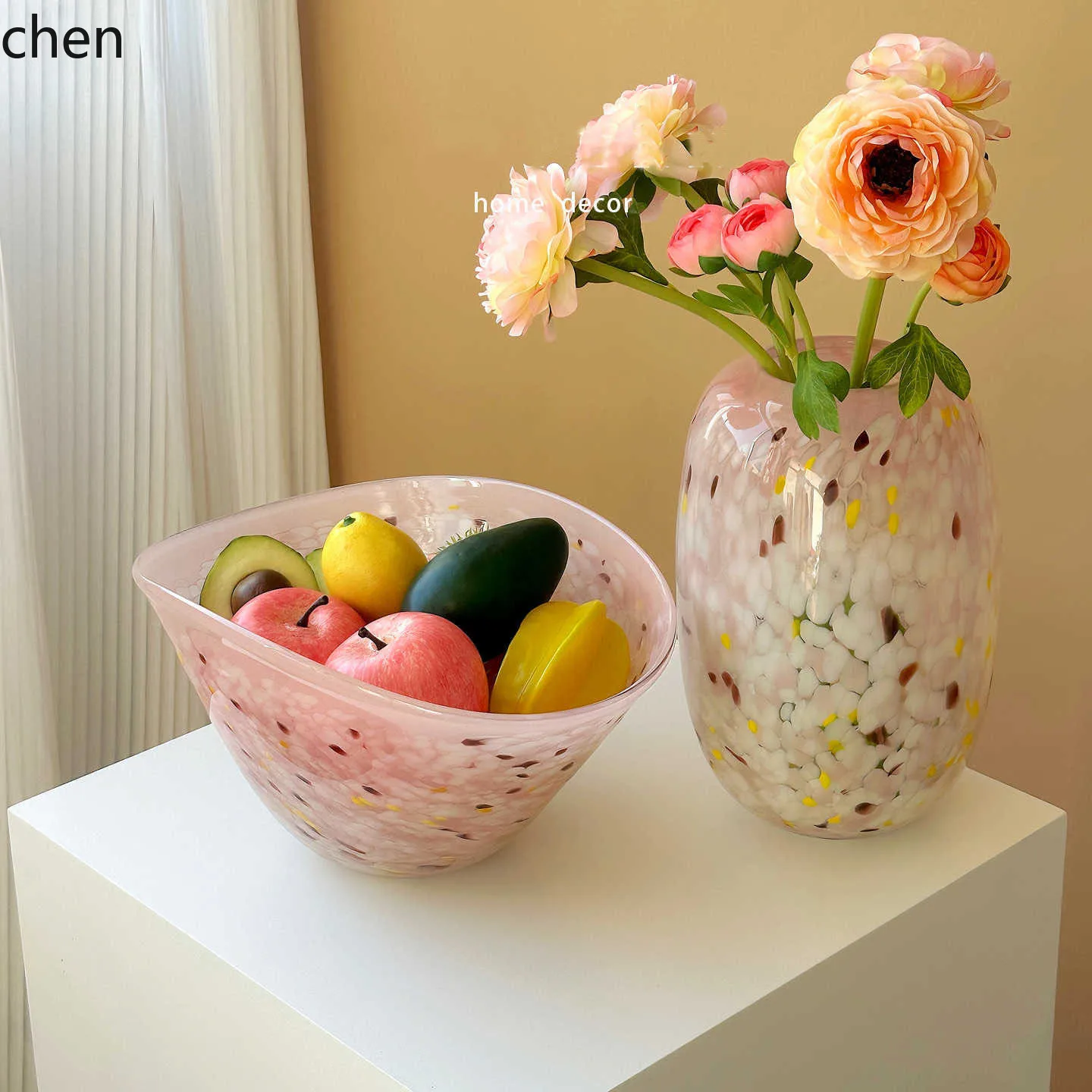 YFY modern minimalist glass vase - pink speckled,  high-end decorative  for living room flower arrangements, glazed glass vase