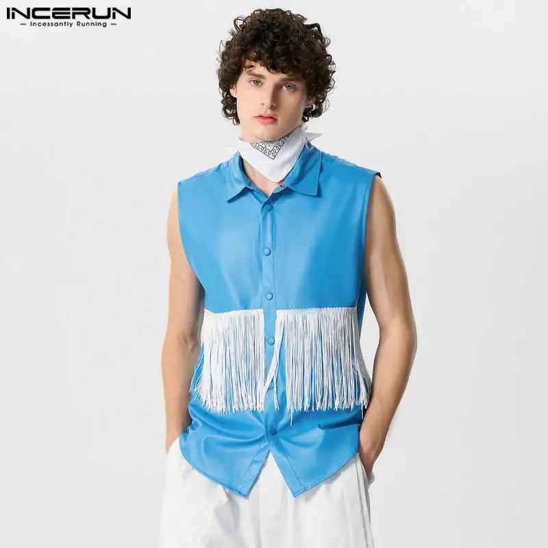 Men Shirt PU Leather Tassel Patchwork Lapel Sleeveless Casual Men Clothing Summer Button Streetwear 2024 Fashion Vests INCERUN