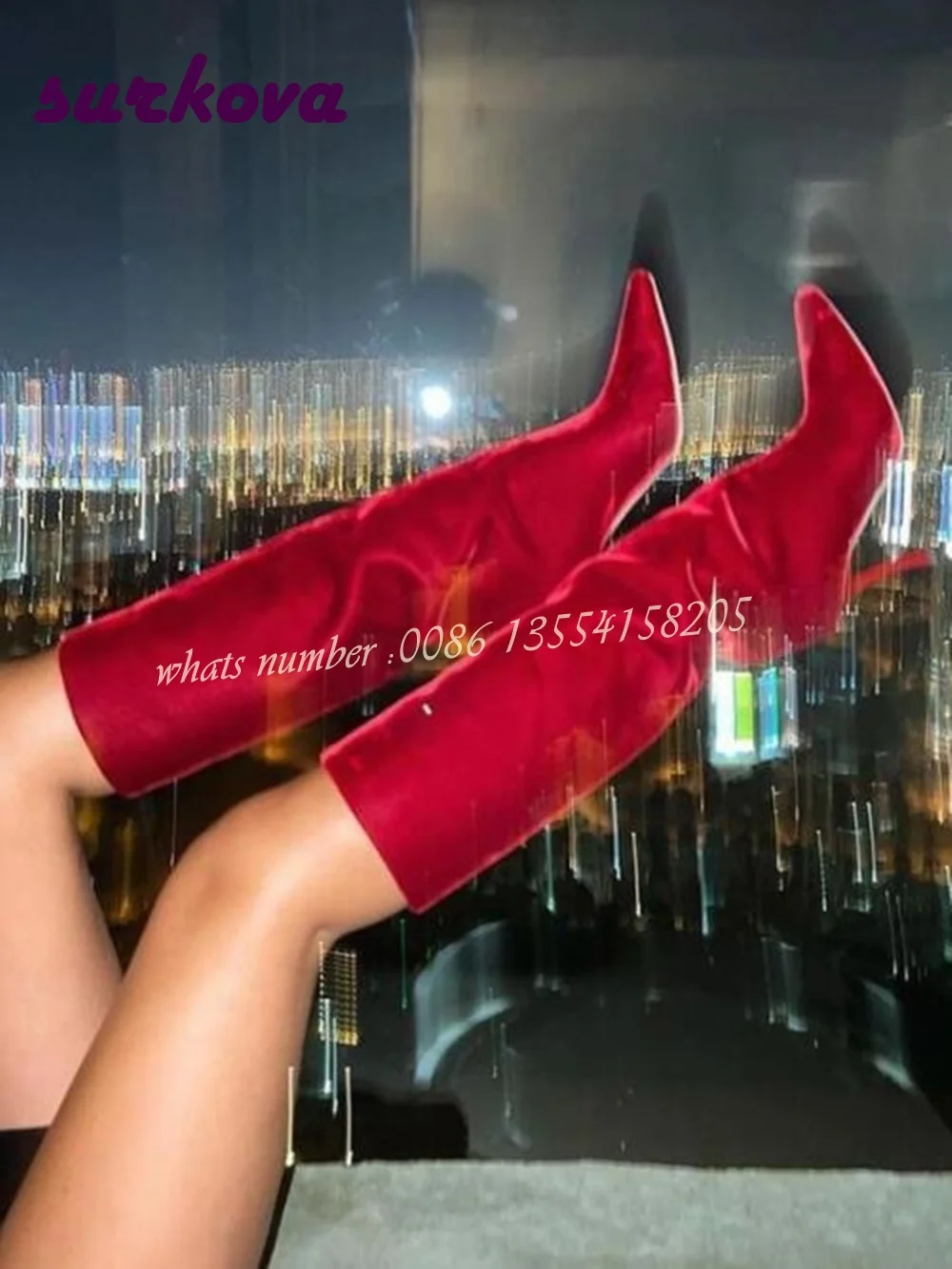 Red Velvet Knee High Boots Pointy Toe Kitten Heels Casual Women's Boots Solid Slip on 2024 New Arrival Luxury Party Shoes Sexy