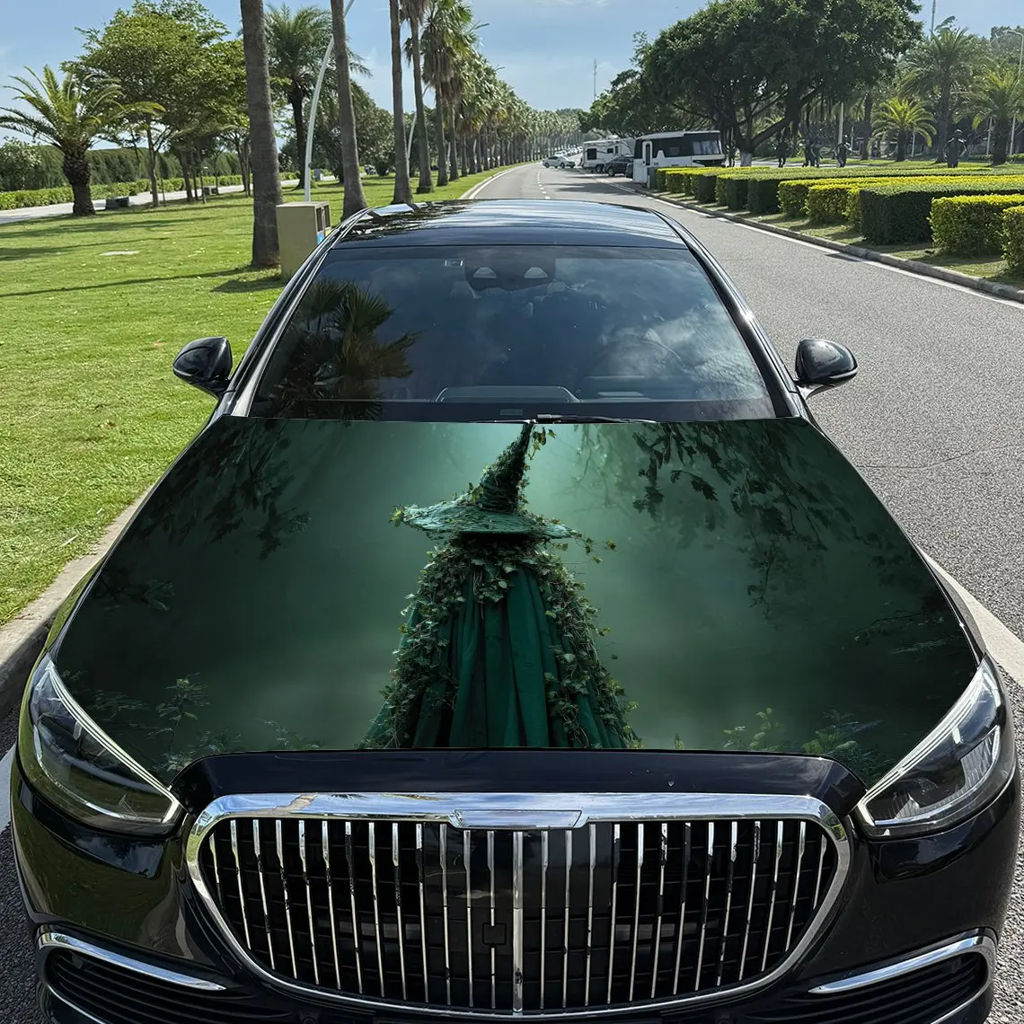

Fantasy Green Plant Wizard Car Vinyl Wrap, PVC Waterproof Car Hood Sticker, Self-Adhesive Scratch-Resistant Stickers for Engine
