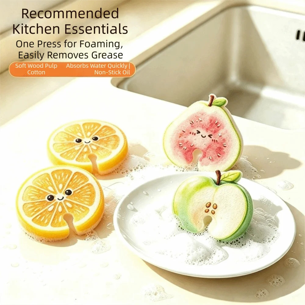 3Pcs Absorbent Kitchen Dishwashing Sponge Quick Dry Foam Quickly Fruit Shaped Cleaning Sponge Thickened Compressed Cellulose