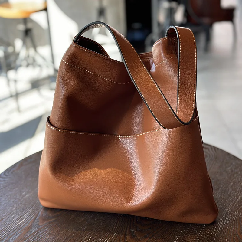 2024 New Leather Shoulder Bag Women's Soft First Layer Cowhide Simple Large-capacity Tote Lazy  Bag