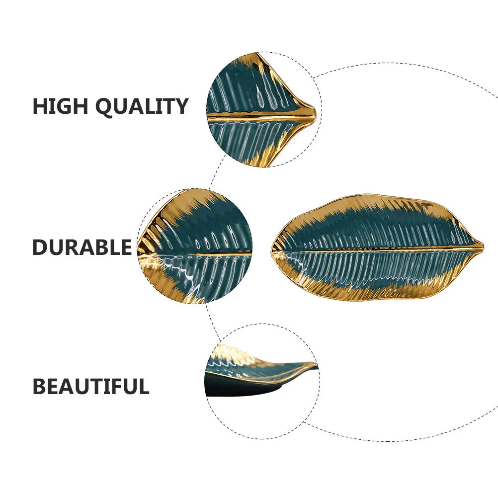 

1Pcs Gold Edge Ceramic Leaf Shape Jewelry Tray Decorative Storage Plate Desktop Decor Fruits Dessert Display Jewelry Plate