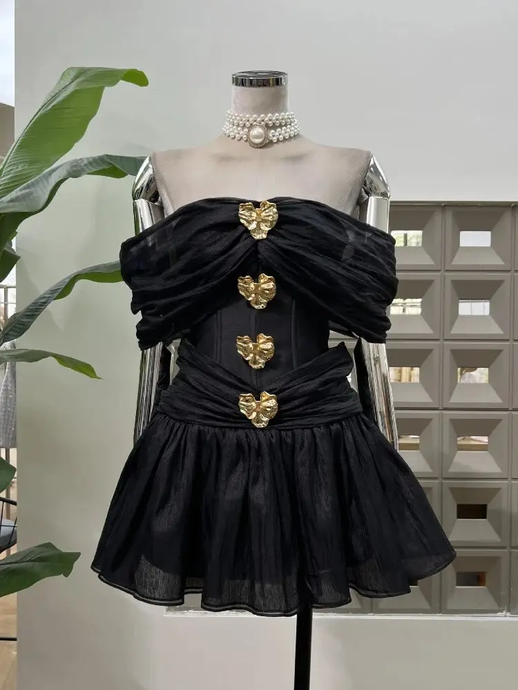 

New Hot Trendy Party Evening Princess Dresses Women's Elegant Luxury Gold Brooch Decoration Off Shoulder Strapless Chiffon Dress