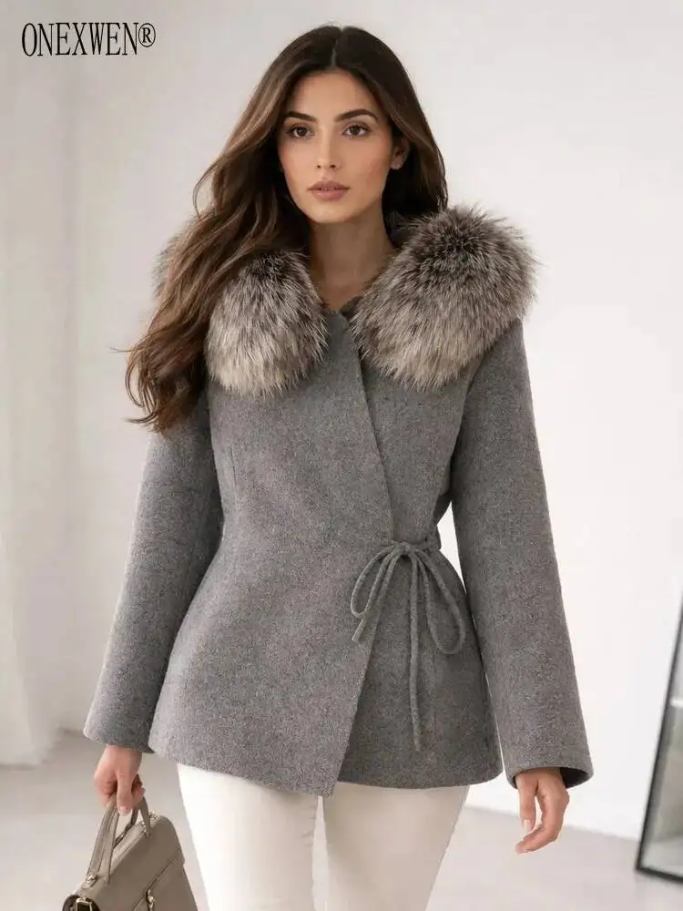 ONEXWEN 2026 New Women Grey Wool Short Coat Oversized Fluffy Fur Big Collar Wrap Front Side Tie Belt Waist Woolen Jacket ZM5410