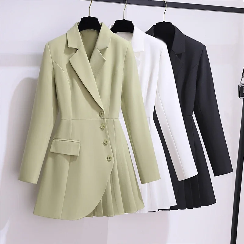 Chaqueta de traje plisada de un solo pecho Irregular ajustada coreana para mujer, abrigo Blazers de manga larga con cuello de traje negro Beige verde aguacate