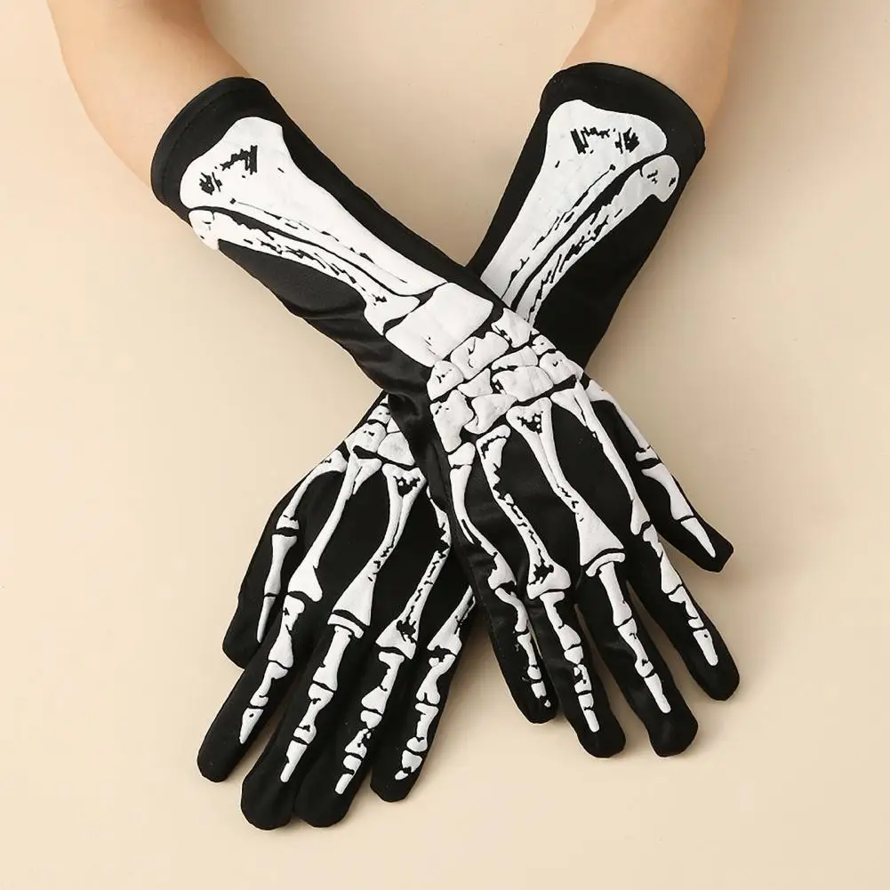 

1 Pair Halloween Skeleton Gloves Ghost Hand Print Contrast Color Full Fingers Terrifying One Size Unisex Cosplay Skull Gloves