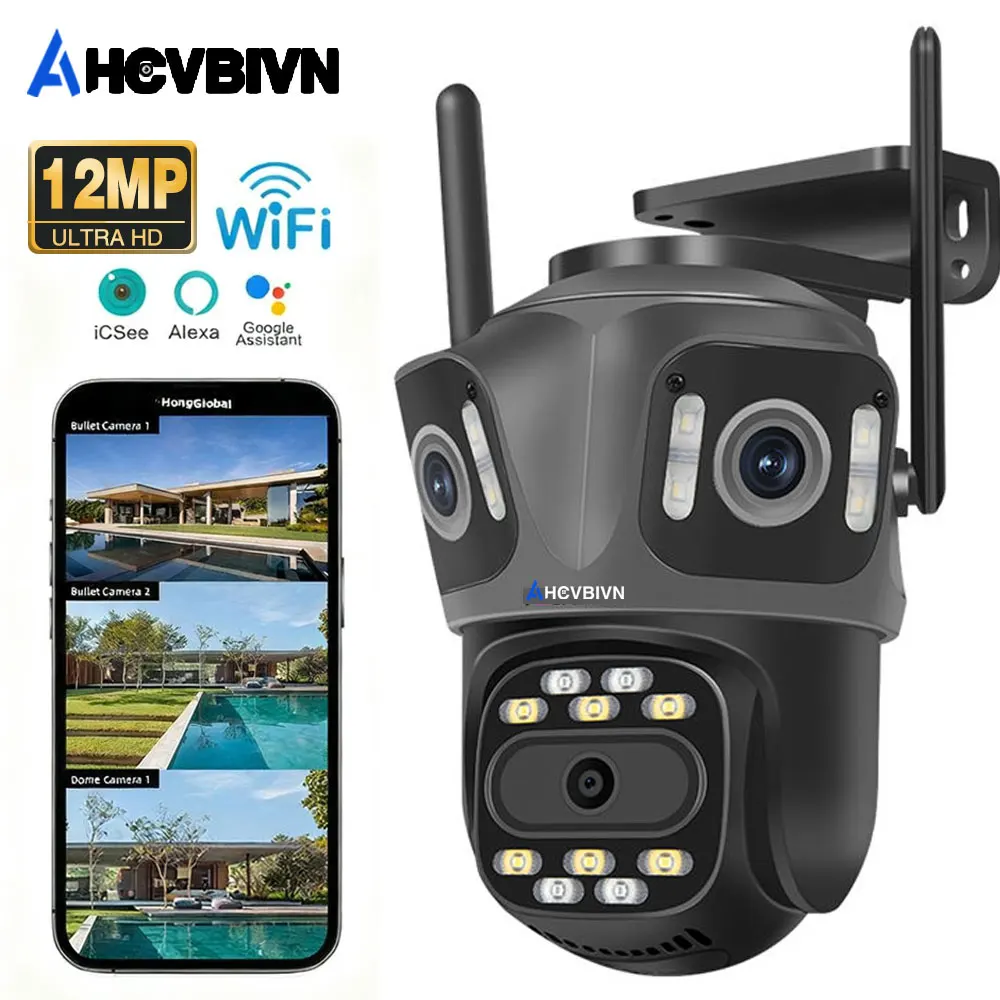  12MP 6K HD Three Lens Three Screen WIFI IP Outdoor Camera Human Detection Waterproof CCTV Video Security Camera iCsee