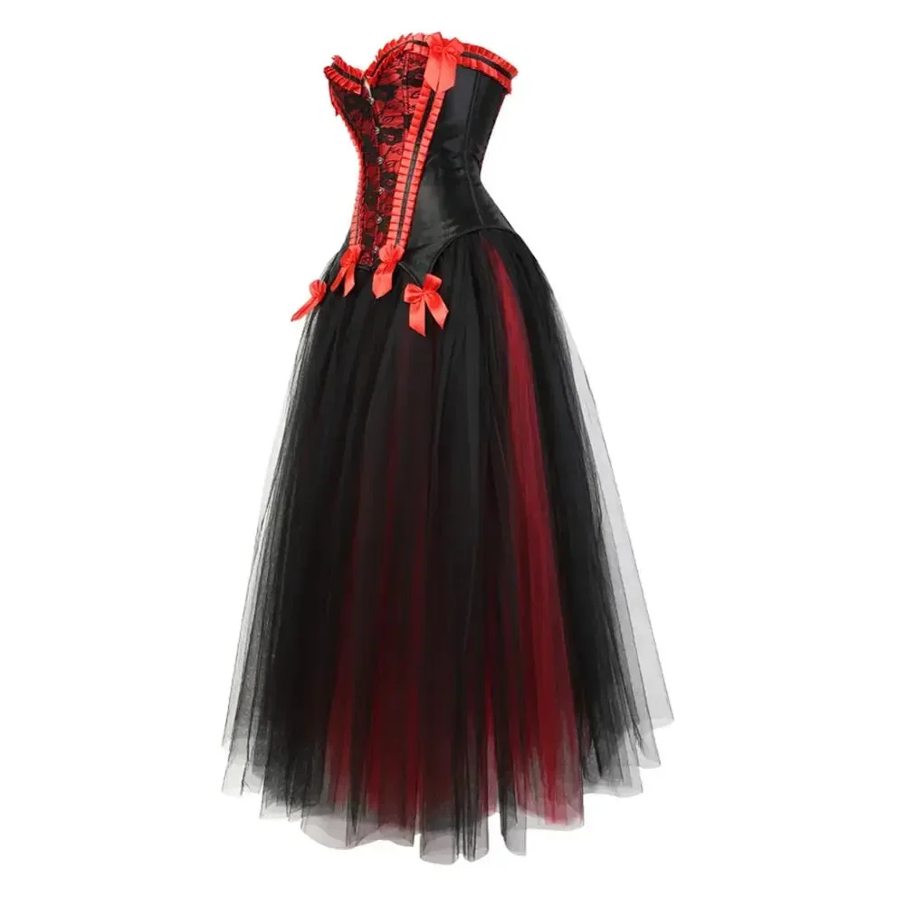 Gothic Corset Skirt Steampunk Boned Bustiers with Princess Skirts Lace Trim Corsets Sexy Wedding Party Outfits Halloween Costume