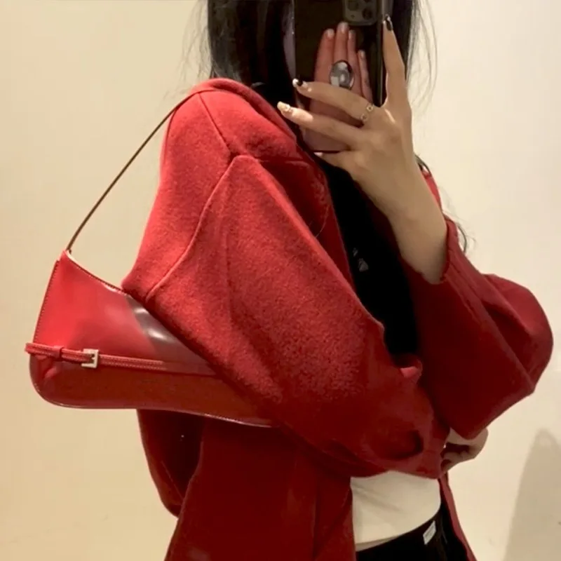 Elegant Red Wedding Bag Single Shoulder Handbag Underarm Bags Genuine Leather Glossy Sophisticated Vintage Designer Handbags