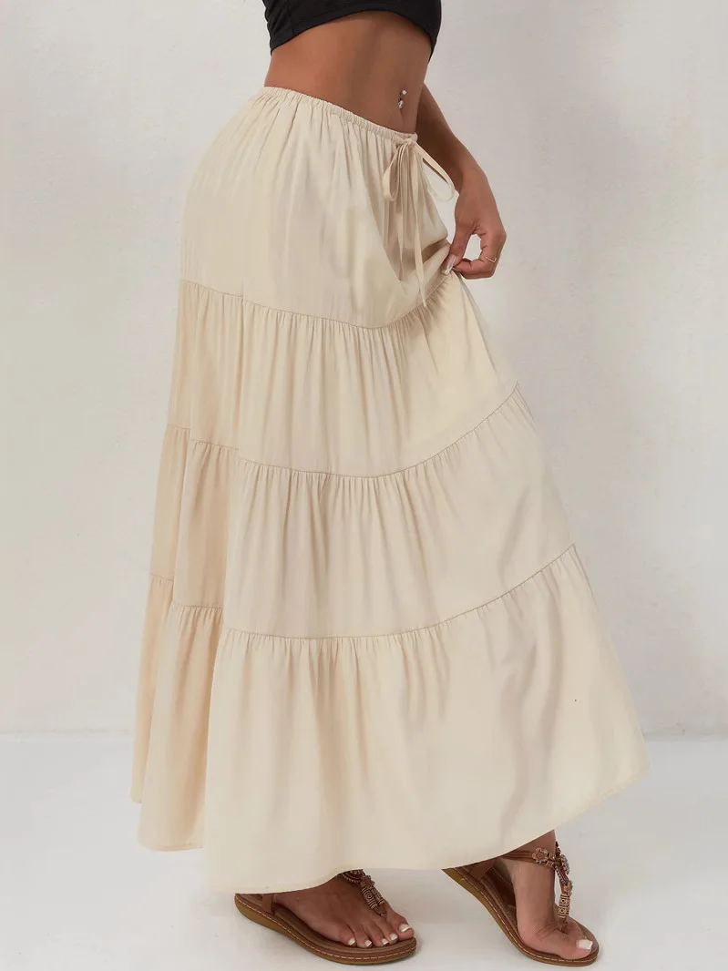 하이웨이스트 루즈핏 밴딩 플리츠 롱 스커트 여성용 A라인 드레스 스타일 벨티드 스커트