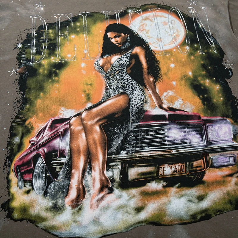 Vintage Schwarzes Graffiti Washed T-Shirt für Herren, Western Glamour Lady Grafik-Top, Oversized Y2K Rap Street T-Shirt, Distressed Kleidung 2026 – Detail 8
