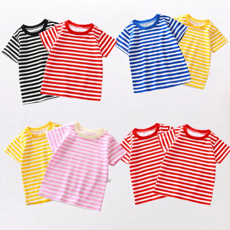 Children's Striped T-shirt Buy 1 Get 1 Free Boys Girls Summer Short-sleeve Bottoming Shirt 2Pcs New Kids Tops Clothes 2Pcs/pack