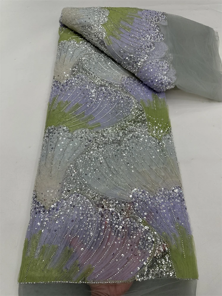 Новейшая африканская кружевная ткань с блестками, 2025 г., высококачественная кружевная сетчатая ткань с вышивкой бисером, 5 ярдов для женщин, свадебное платье