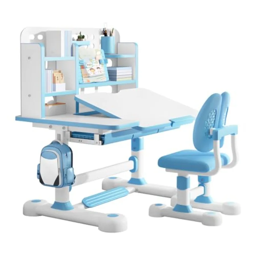

Регулируемый по высоте комплект: стол и стул для учебы с книжной полкой и выдвижным ящиком для хранения, стол с наклонной столешницей на 50 градусов и стул