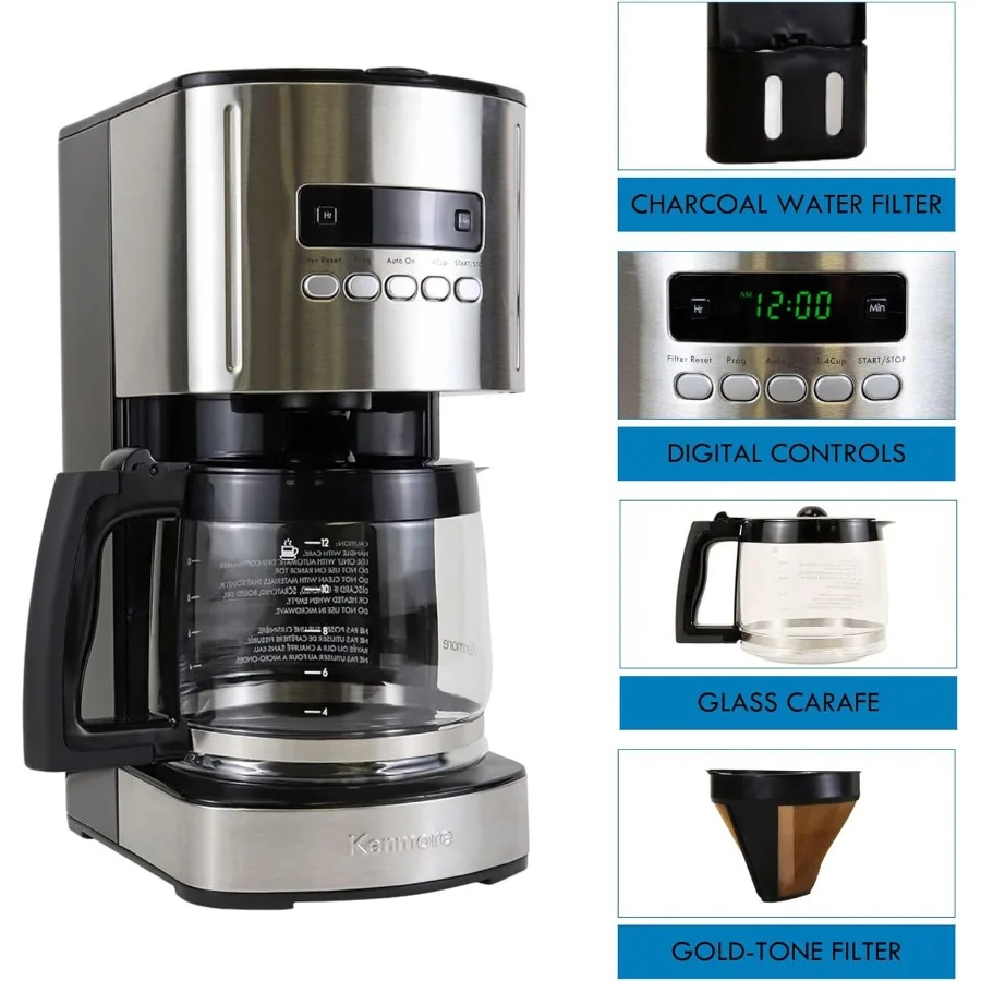 Cafetera por goteo Kenmore, máquina de café programable de 12 tazas con olla de vidrio para preparar en negrita Regular, función de apagado automático, Wat grande