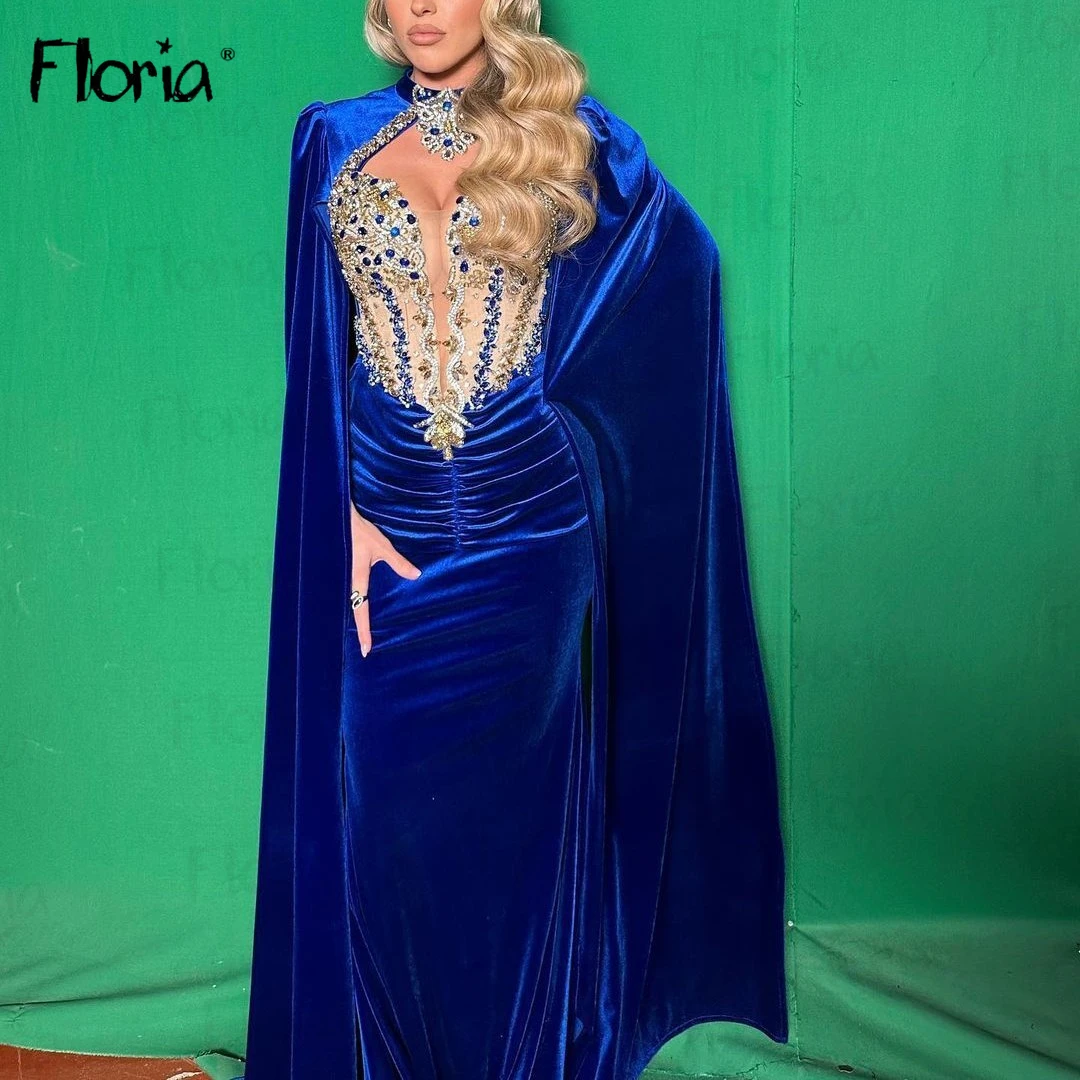 Gorgeous Royal Blue Velvet Evening Dress Long Cape Sleeve Dubai Heavy Handmade Crystals Stones Wedding Party Gowns Pageant Women