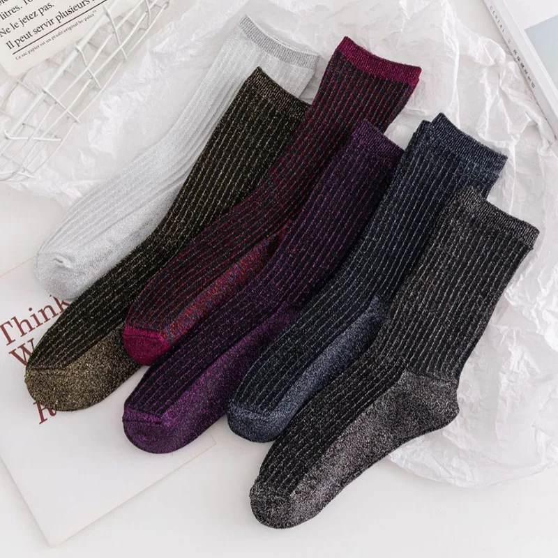 Personality Glitter Socks Vertical Striped Sparking Gold/Silver Silk Knitted Breathable Cotton Socks Casual Spring Autumn Soxs