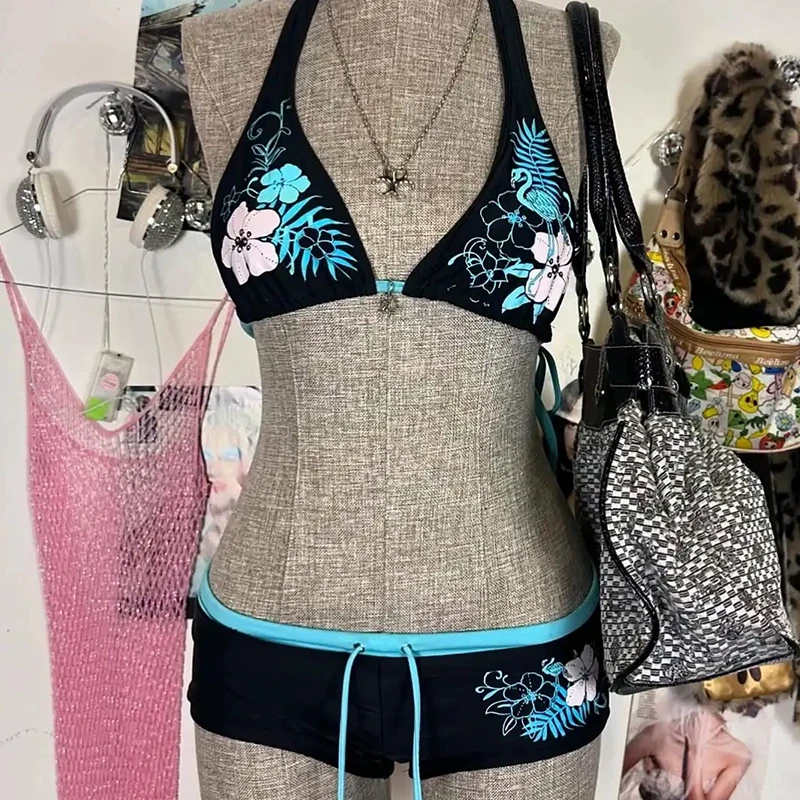 Zomer Nieuwe Strand Kust Mode Pak Y2K Sexy INS Amerikaans Ontwerp Sexy Slanke Spice Meisjes Badpak Bloemenprint Vrouwen Bikini's
