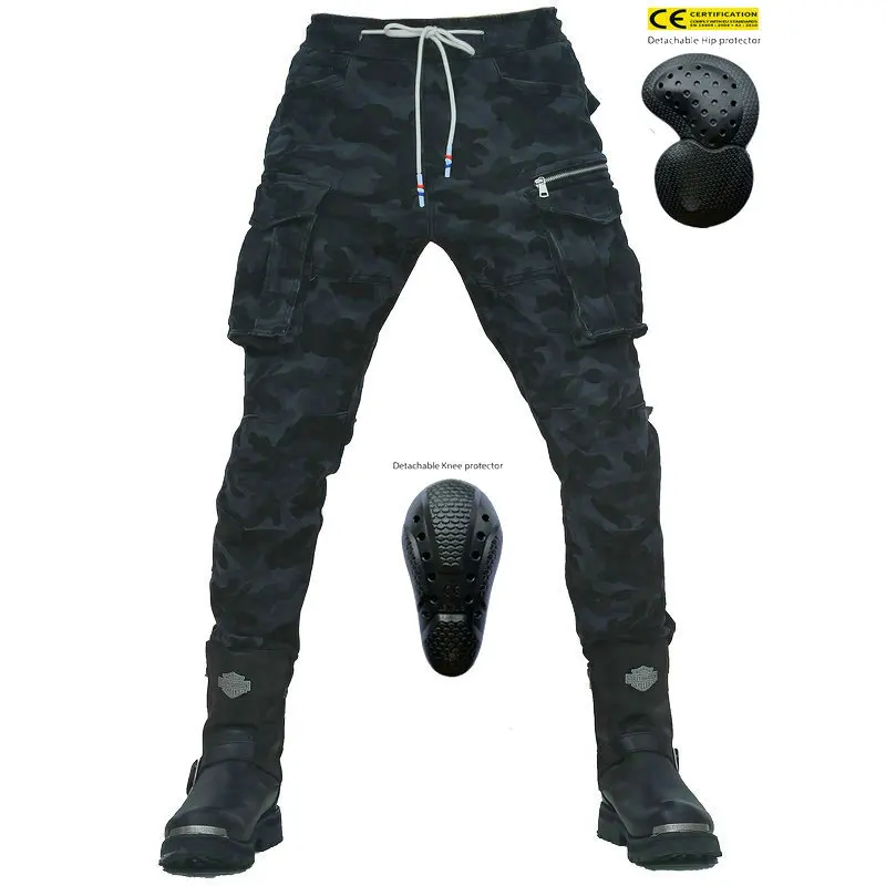 VOLERO Motorcycle Riding Pants Unisex Vintage Biker Denim Camouflage Multi-Pocket Anti-Fall Trousers 바이커진