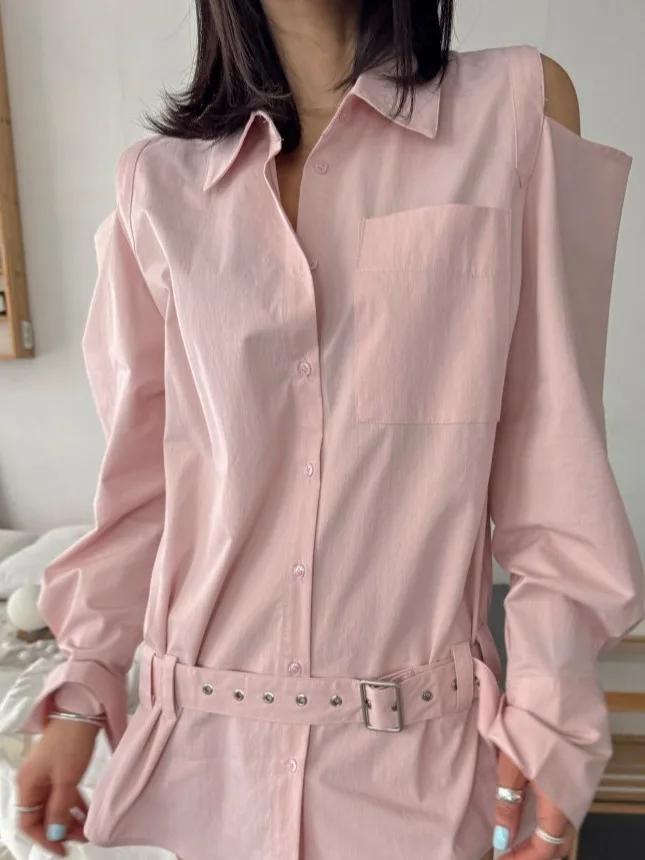 

Сладкий розовый женский irt ранней осенью, нежный воротник с поясом и оulder, длинный виквей, дизайн Faion, свободный корейский топ