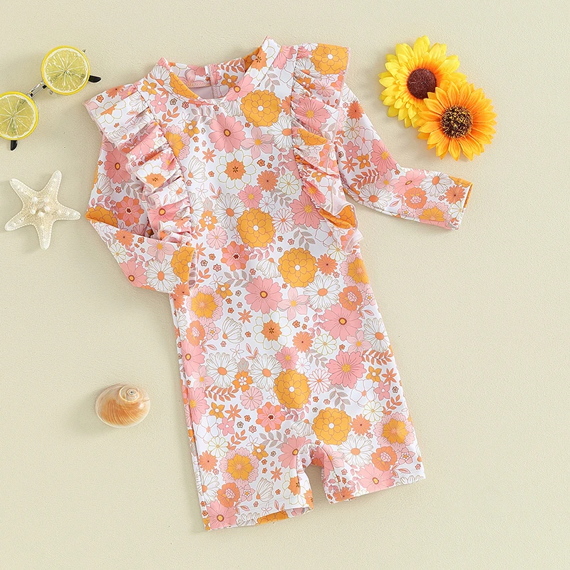 VISgogo Baby Girl Swimsuits Summer Floral Print Ruffles Long Sleeves Jumpsuit for Toddler Bathing Suits Beachwear