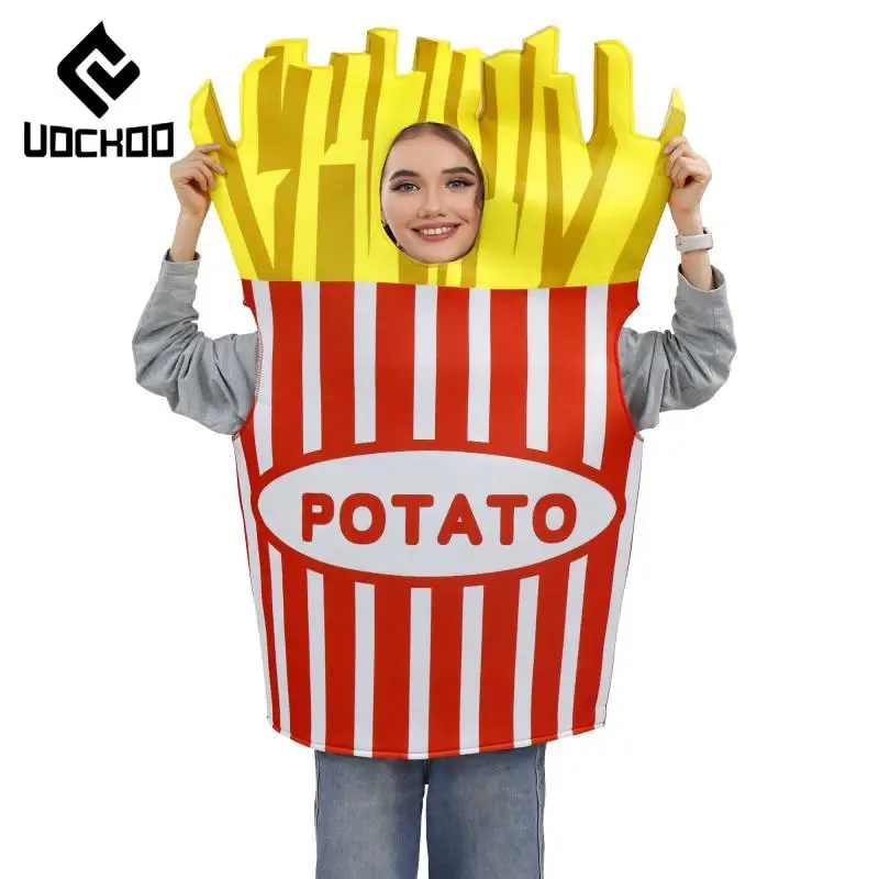 Adulto cosplay batatas fritas traje menino meninas bodysuit carnaval festa engraçado comida roupa lanche impressão esponja roupas fantásticas mostrar