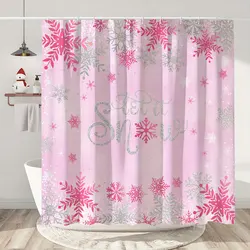 Christmas Silver Snowflake Shower Curtain Pink Colourful Festive Gift Polyester Home Shower Curtains Bathroom Decor With Hooks