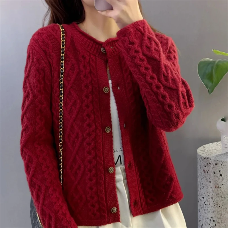 ATTYYWS Strickjacke aus 100 % reiner Wolle für Damen, 2025, neuer Herbst-Winter-Strickpullover mit Rundhalsausschnitt, lockeres Fried Dough Twists-Manteloberteil