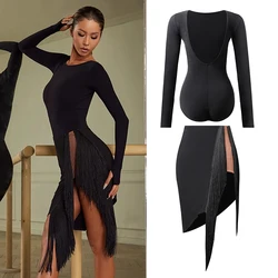 2023 Latin Dance Dress Women Black Long Sleeves Tops Split Tassel Skirt Adult Practice Clothes Cha Cha Rumba Dancewear DNV18955