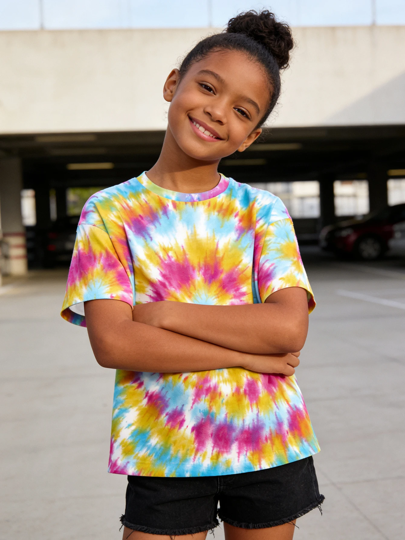 2026 Girls Sweet and Cool Rainbow Tie-Dyed T-Shirt, Pink, Blue and Yellow Mixed Spiral Top
