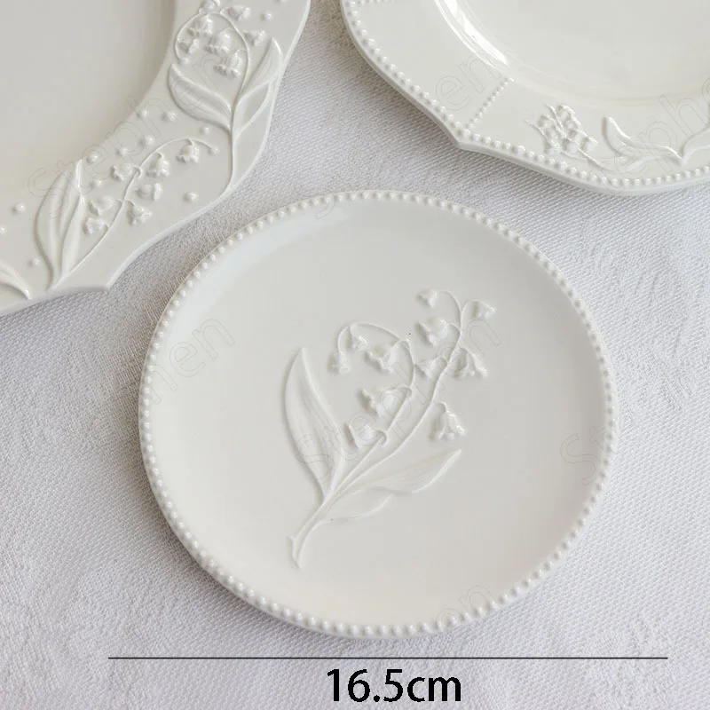 American Embossed Ceramic Plate European Modern Lily of The Valley Flower Relief Lace Dinner Plates Cake Dessert Dish Tableware