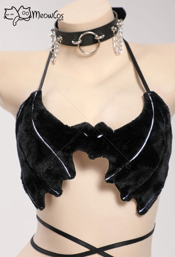 Meowcos Women Bat Theme Sexy Lingerie Set Black Bat Style Lingeri Costume Cosplay con polsini pelosi e polsini delle gambe