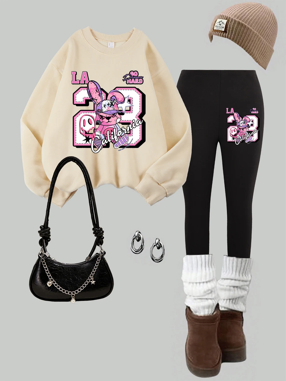 

Женские толстовки с принтом розового кролика в Калифорнии, комплект леггинсов, зимние теплые флисовые штаны с капюшоном, повседневная женская одежда