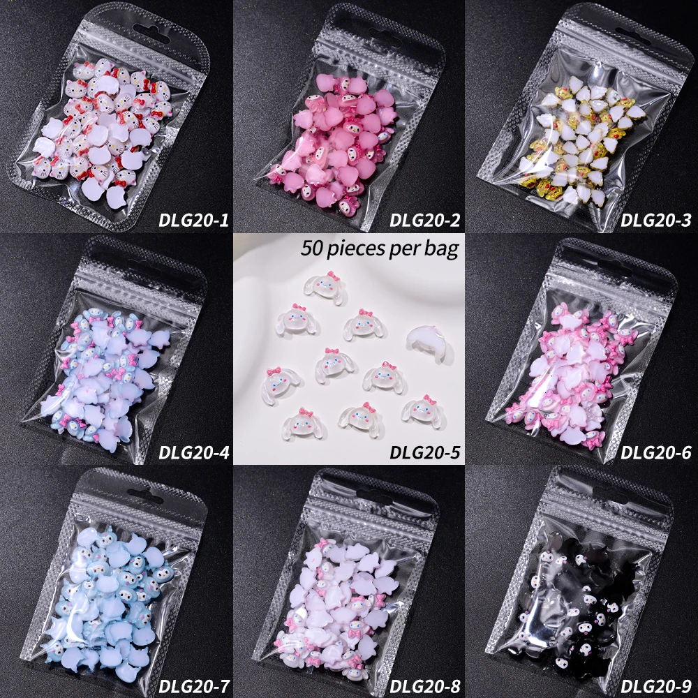 50Pcs 3D Sanrio Cartoon Resin Nail Charms Kawaii Anime Glitter Hello Kitty My Melody Kuromi Rhinestone Gem For Manicure DIY Gift