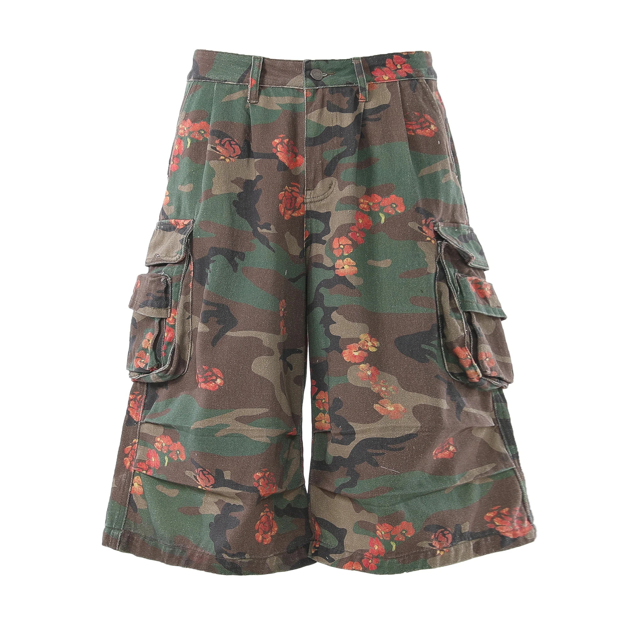 Men's Camo Floral Cargo Shorts Multi Pocket Baggy Casual Camouflage Shorts Fashion Streetwear Wide Leg Knee Length Pants