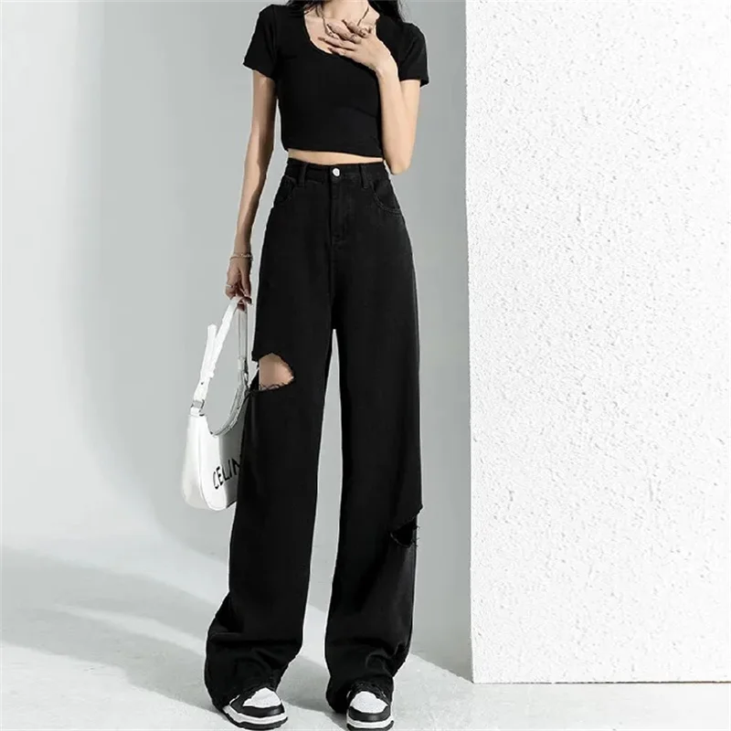 Female High Waisted Hole Wide Legs Denim Pants Summer Ladies Loose Fitting Straight Cylinder Trousers Women  Ripped Jeans