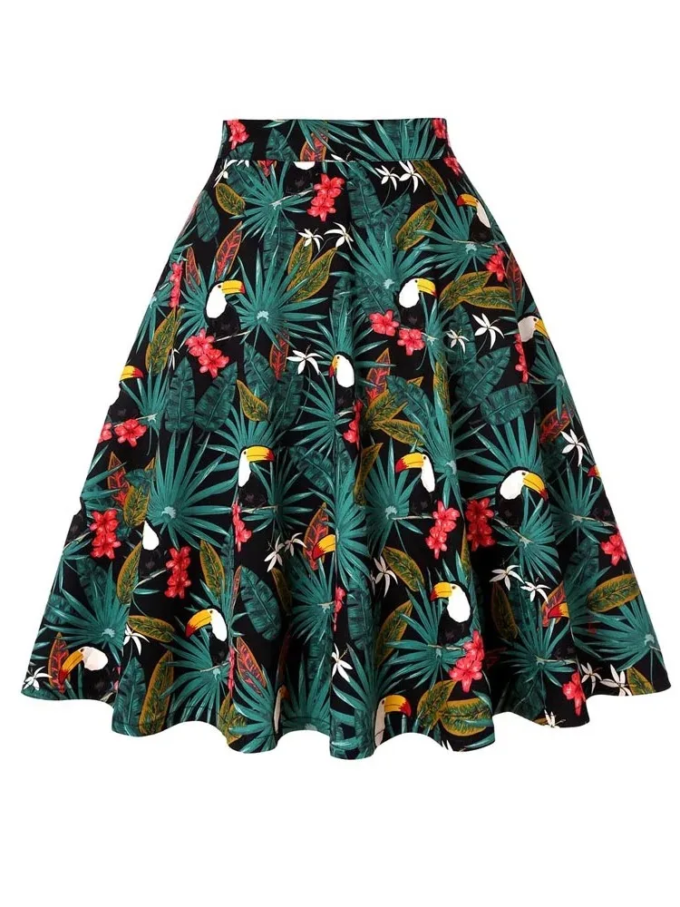 Harajuku Vintage 60s Woodpecker Print  A Line Skirts 2024 New Holiday Tropical Pin Up Swing Skater Knee Length Women Print Skirt